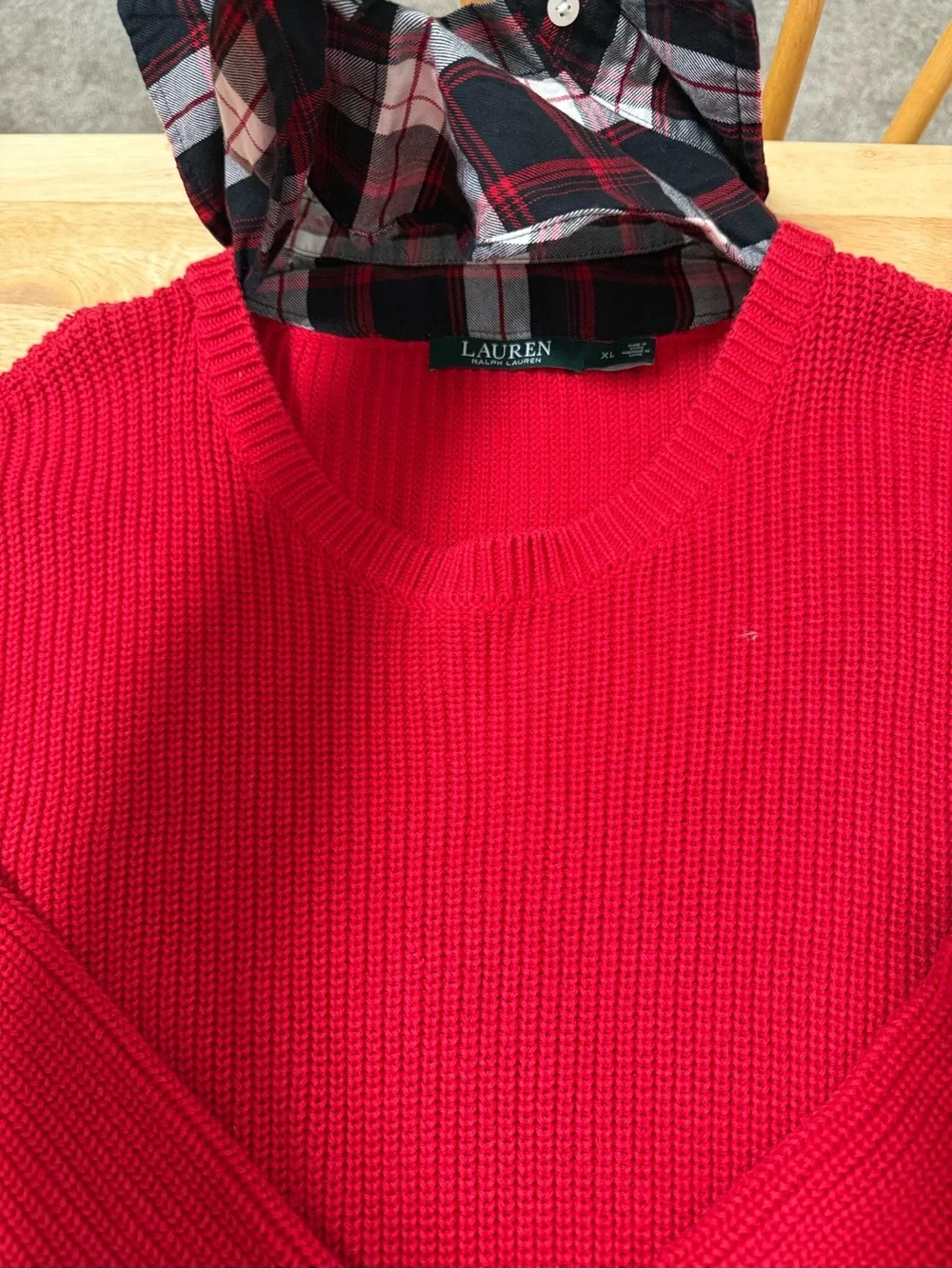 Lauren Ralph Lauren Women’s Layered Sweater Shirt Red Plaid Knit Top XL